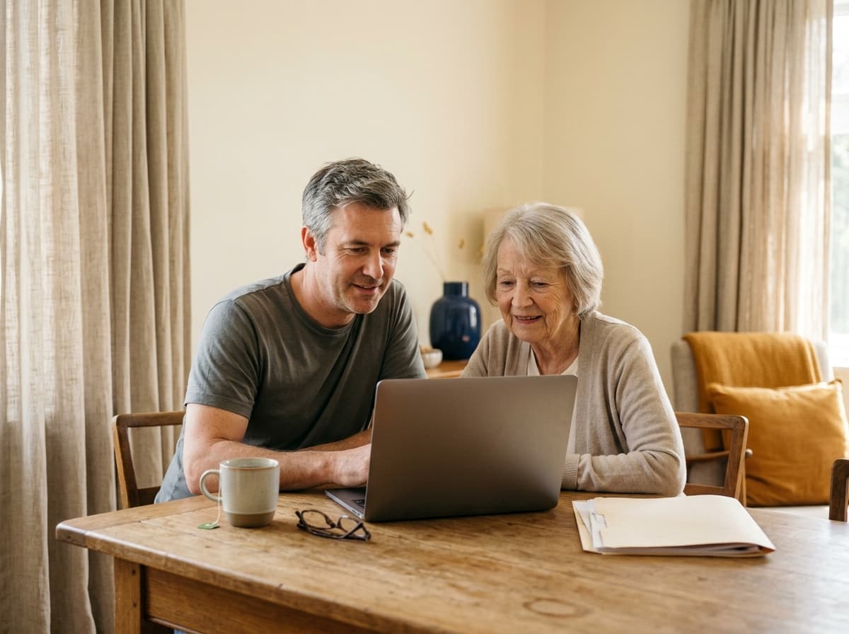 A man and an older woman sitting side by side at a dining table, looking at an open laptop between them.