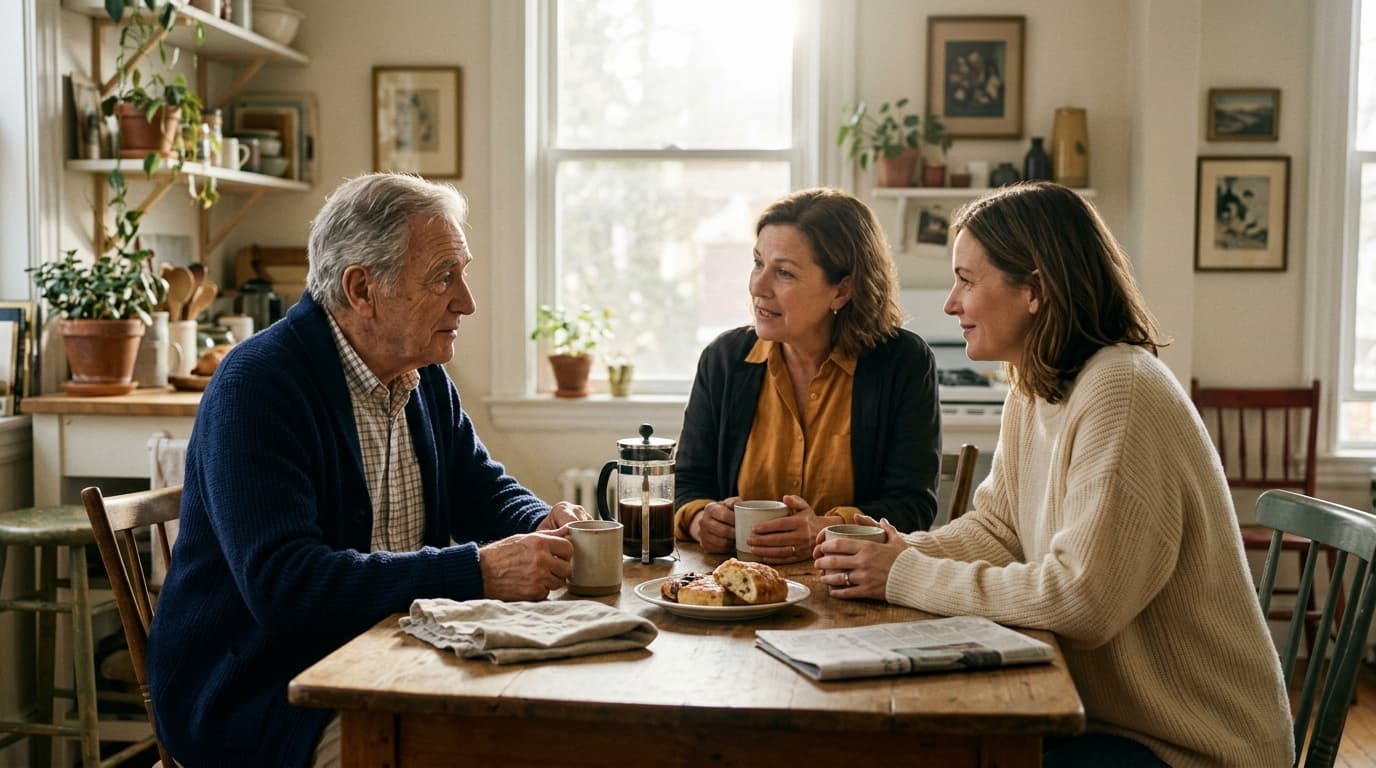 Three people sitting around a kitchen table in morning light, talking over mugs of coffee and a plate of pastries.