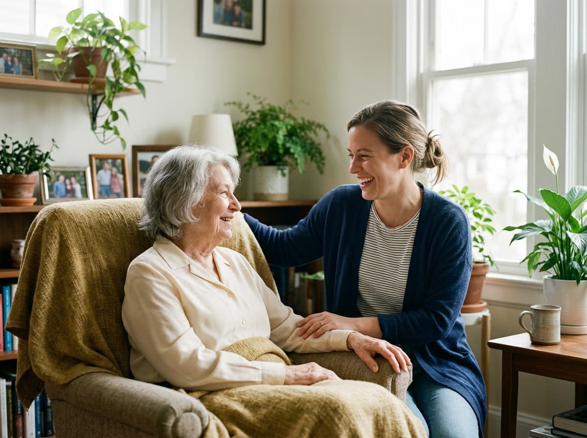 An older woman sitting in an armchair under a blanket, laughing with a younger woman seated beside her in a sunlit living room.