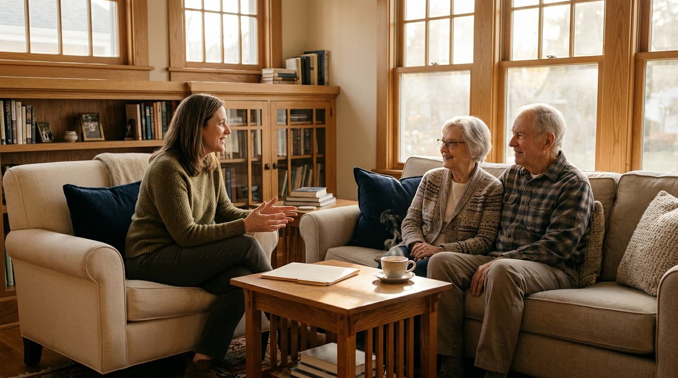 A woman sitting in an armchair talking with an older couple seated together on a sofa, a notebook and a cup of coffee on the table between them.